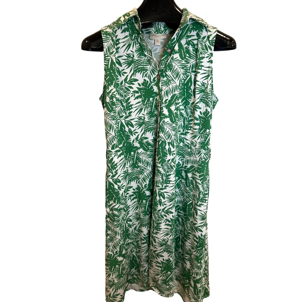 Appleseeds Green White‎ Leaf Print Sleeveless Collared botton Front Dress PL